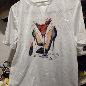 White T-Shirt with Cocktail and Heels Graphic